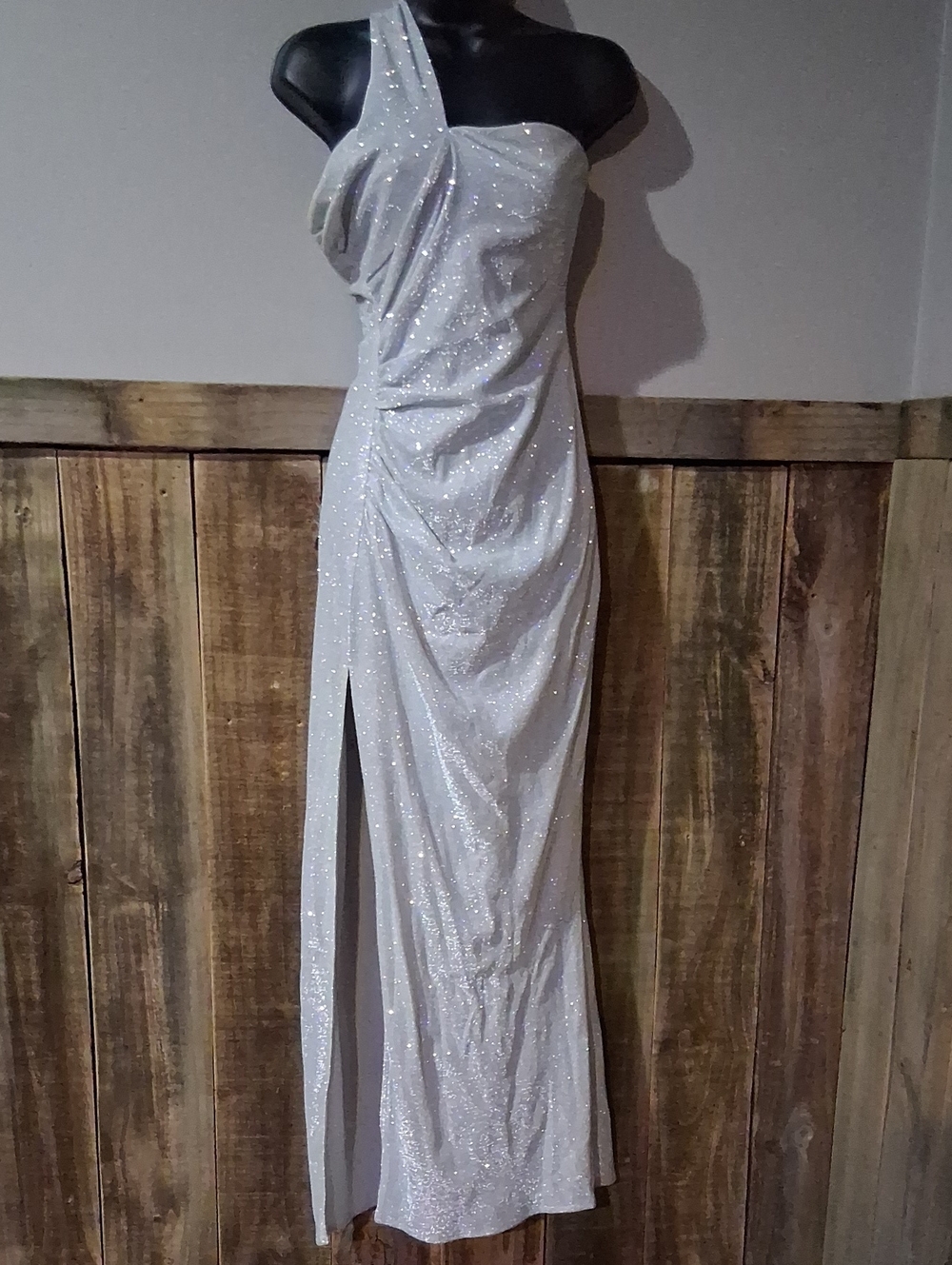 Lulu's One-Shoulder Silver Shimmer Column Gown